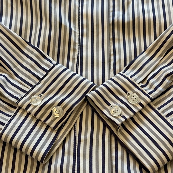 Milly Fractured Sleeve Gray Striped Button Down, Long Sleeve Cotton Blouse, 10 - Picture 13 of 16